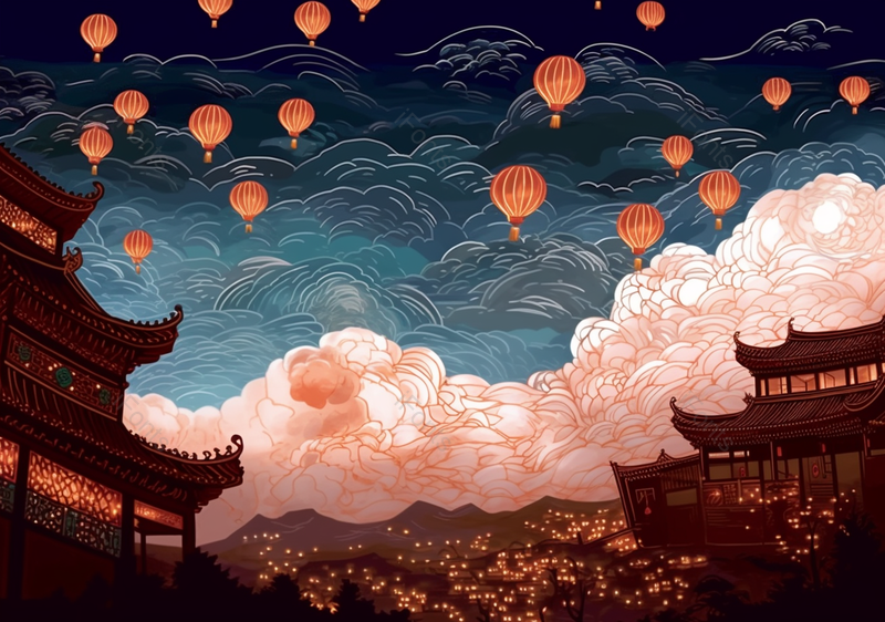 中国风国潮中秋古建筑楼阁万家灯火灯笼插画,插画/手绘图,插画/手绘图库,插画/手绘图下载,插画/手绘